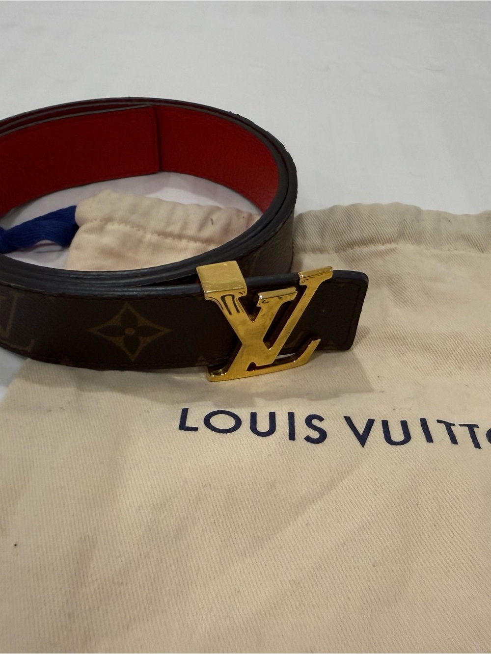100% Authentic Louis Vuitton Monogram reversible Belt Brown Red Gold LV Buckle